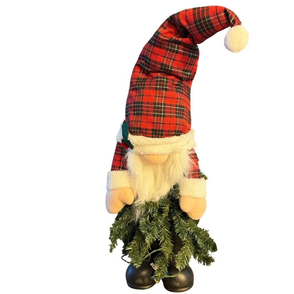 Christmas Gnome Figurine Red Black Plaid Hat with Evergreen Branch Holiday Decor